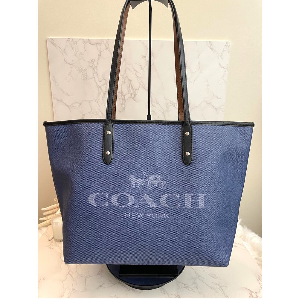 Coach City Tote Denim Blue Coated Canvas & Black Leather Trim GUC